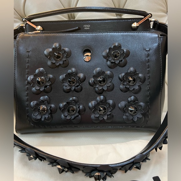 Fendi Dotcom Black Leather Bag Flowers Studded with Matching Strap Satchel - Picture 2 of 14